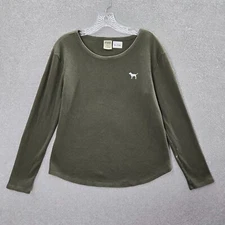 PINK Victoria's Secret Women Top Medium Green Shirt Logo Waffle Knit READ