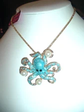 Betsey Johnson MULTICOLOR BLUE Enamel WHITE PEARL OCTOPUS Gold Pendant NECKLACE