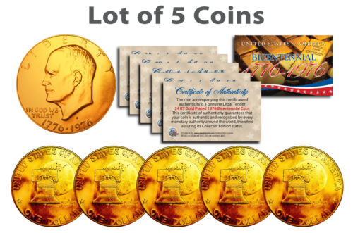 Bicentennial 1976 Eisenhower IKE Dollar U.S. Coins 24K GOLD PLATED (Lot of 5) - Picture 3 of 3
