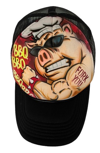 BBQ Pig Trucker Hat - Fun BBQ Theme w Snapback Adjustment One Size Fork You - Picture 2 of 6