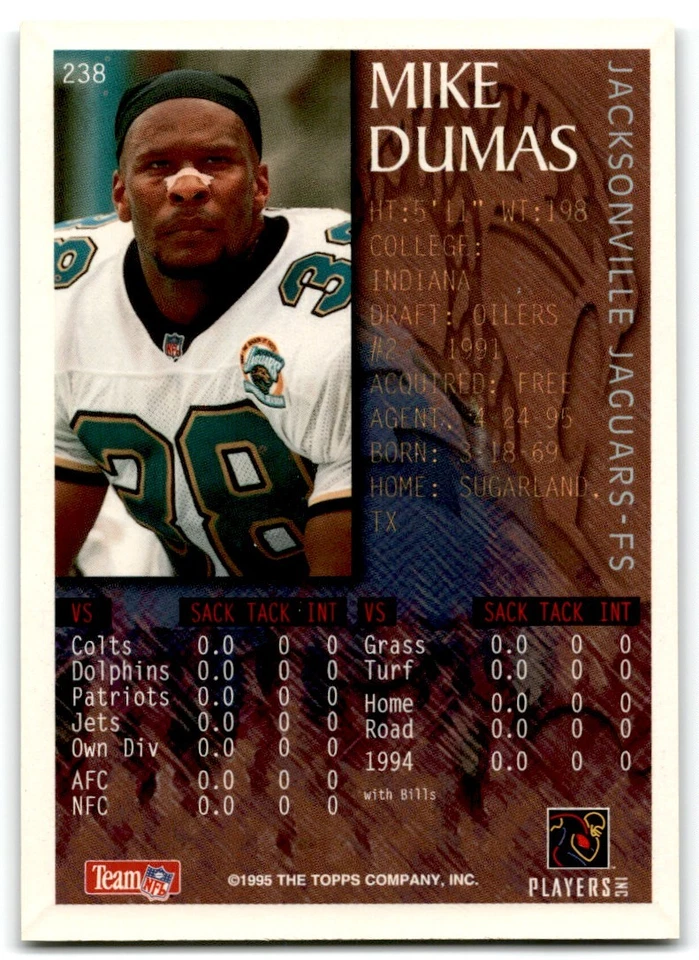 1995 Bowman Mike Dumas Jacksonville Jaguars #238 - Image 2 of 2