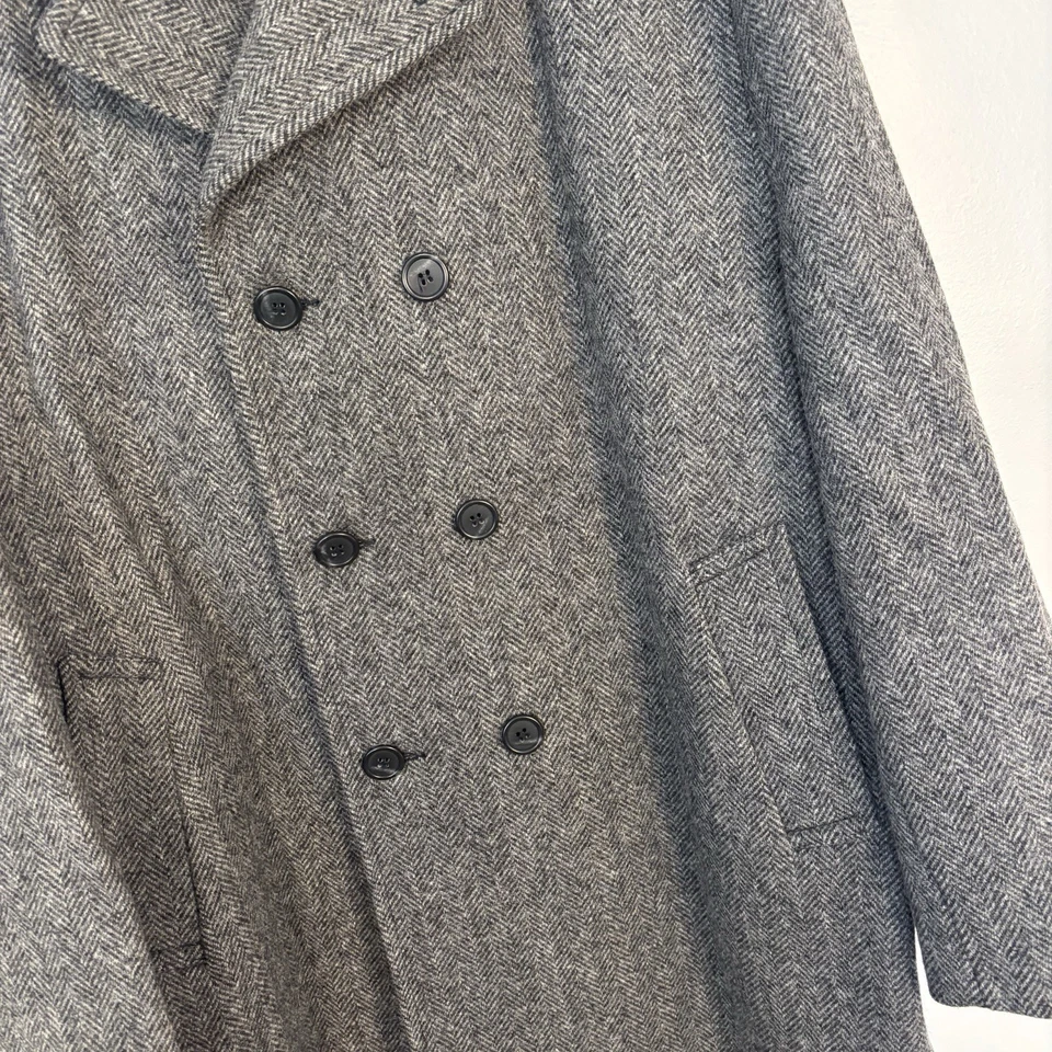 VTG Woolrich Wool Blend Herringbone Peacoat Mens L Tweed Gray Double Breasted - Image 2 of 4