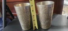 Vintage A Pair Of Solid Brass Hand Etched Indian Cups  possible From Early 19th