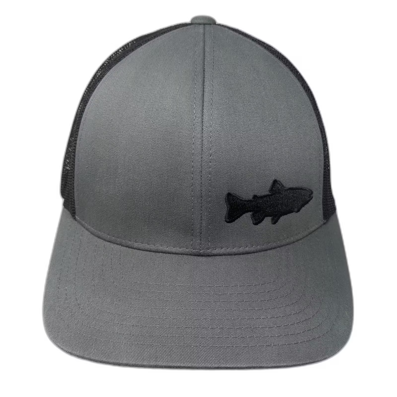 Gray Black One Size Embroidered Fish Trout Mesh Back Snapbac