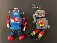 2 Painted Wood Robots Christmas Holiday Ornaments Jointed Blue Grey Whimsical