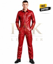 MEN'S HANDMADE REAL LAMBSKIN RED LEATHER OVERALL JUMPSUIT CARGO POCKET W/BELT