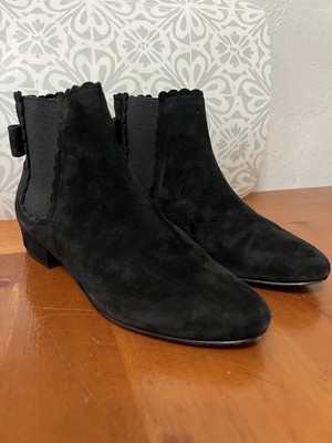 Kate Spade Black Suede Chelsea Ankle Boots Bow Scalloped Almond Toe Size 6