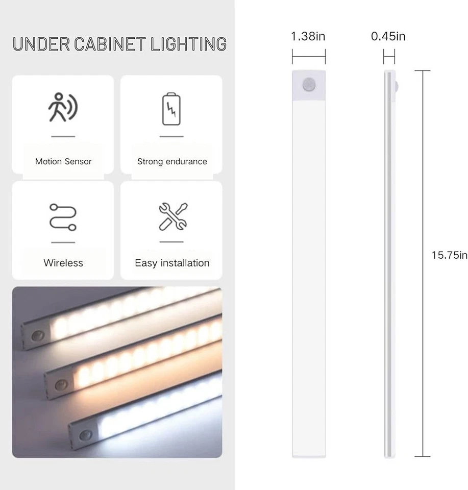 Paquete de 4 luces debajo del gabinete de 16 pulgadas, luces recargables con sensor de movimiento para interiores Foto 4 de 4