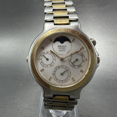 Seiko Moon Phase Watch Men 35mm White Dial Two Tone Daydate 7F38-6110 NewBattery