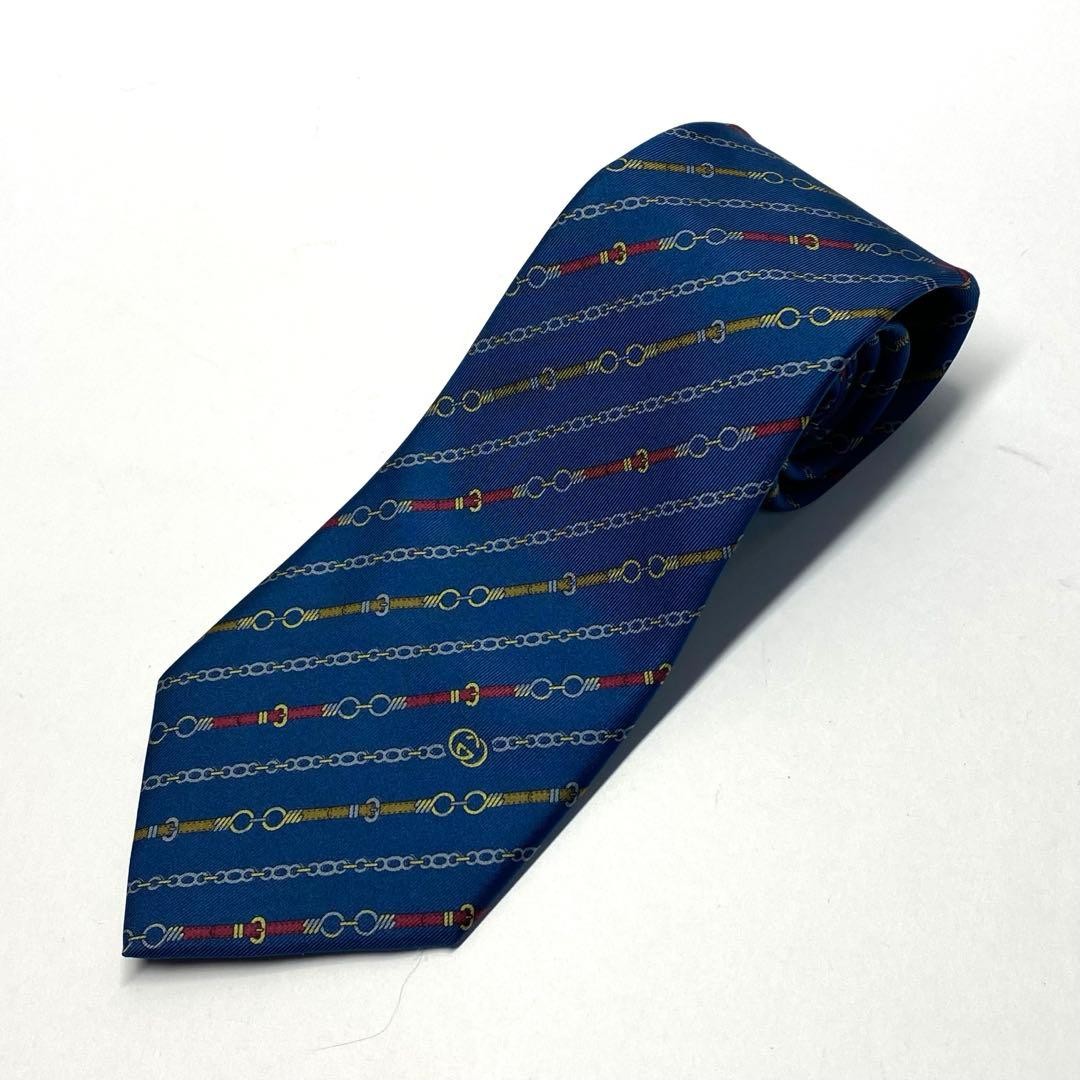 Gucci Necktie Tie 100% Silk Blue Chain Striped Pattern 3.5 inches From Japan thumbnail 14