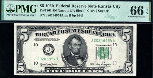 1950 $5 Kansas City *NARROW* Federal Reserve Note FRN • 1961-J • PMG 66 EPQ
