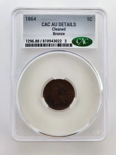 1864 Indian Head Cent - Bronze, CAC AU Details Cleaned