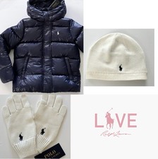 NWT, GIRLS Ralph Lauren Set of 3. Down Jacket Beanie Gloves L 12-14 . Approx 150