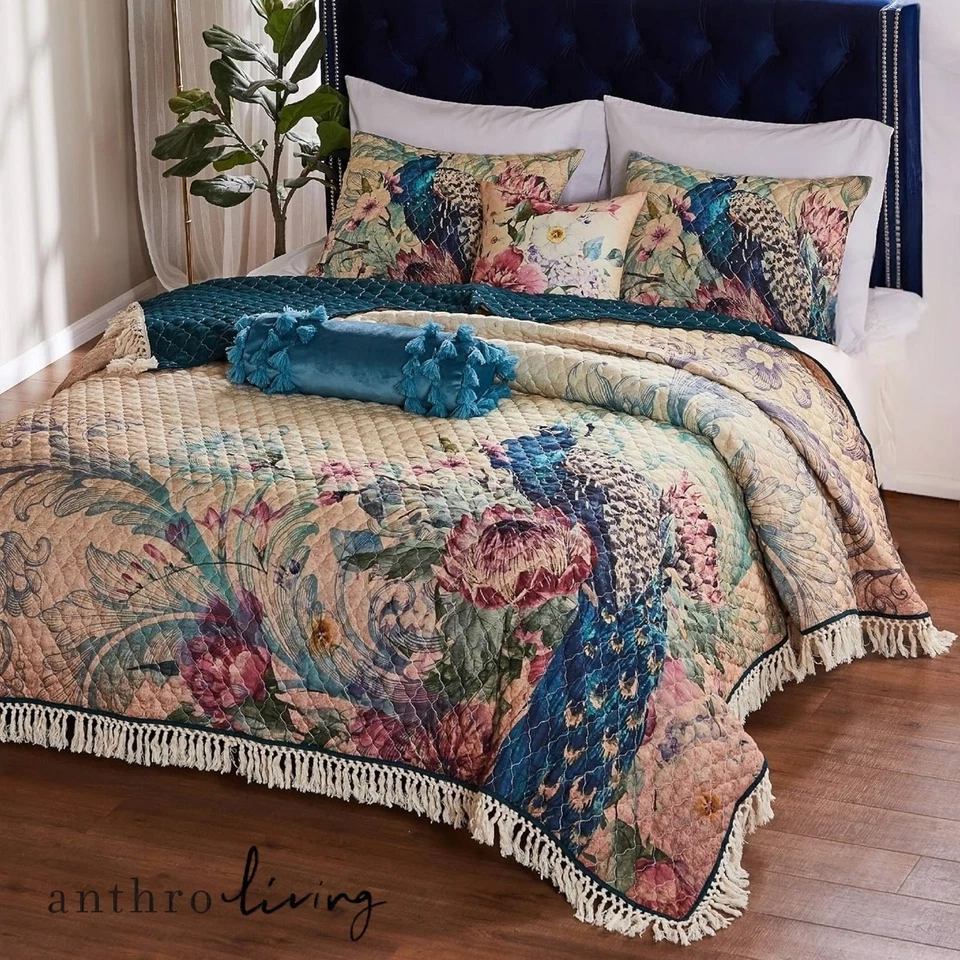 NEW Anthropologie Peacock Tassel Fringe Boho Quilt Bedspread Bedding & Sham Set - Image 2 of 4