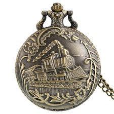 Vintage Steam Train Pattern Quartz Pocket Watch Necklace Chain Women Men Gifts