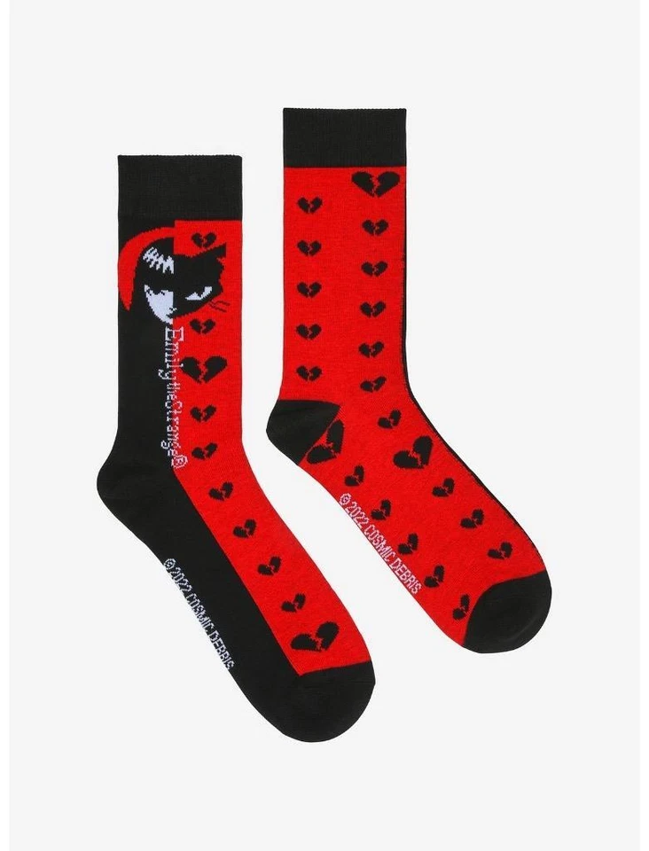 Calcetines Emily The Strange Split Crew rojos negros talla 8-12 Hot Topic 2023 nuevos con etiquetas Foto 2 de 3