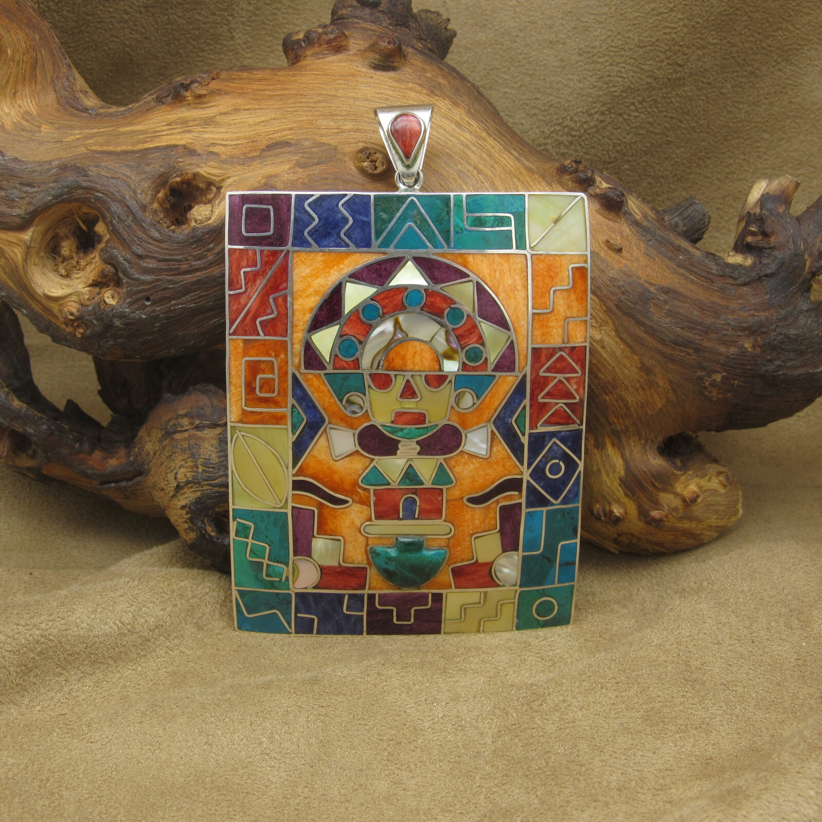 Sterling Silver Large Rectangular Colorful Inlaid… - image 1