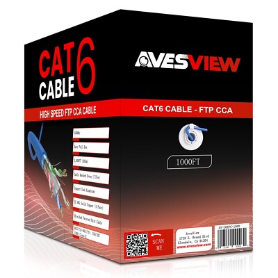 AvesView CAT6 Indoor Shielded 1000ft Ethernet Cable 23AWG FTP (CCA) 550MhZ- Blue