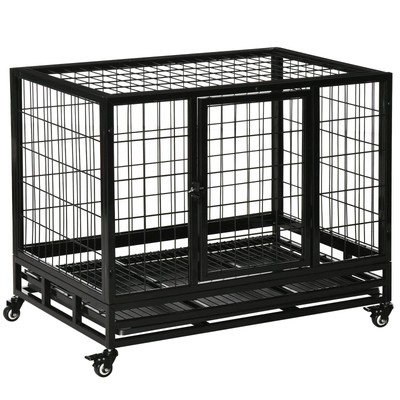PawHut 38'' Schwerlast Metall Hundehütte Haustierkäfig mit Kiste Tablett und Rollen - Bla
