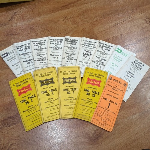 Lot of 14 Vintage FRISCO Santa Fe Burnlington Northern Railroad Timetables