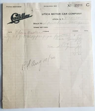 1920 Receipt, Utica Motor Car Company, Cadillac, Utica, New York