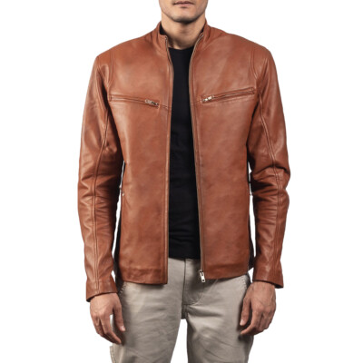 Mens Genuine Brown Leather Vintage Biker Motorcycle Cafe Racer Real Jacket Coat