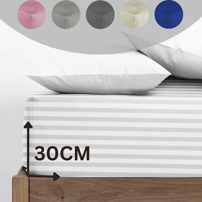 LUXUS SATIN STREIFEN TIEF SPANNBETTLAKEN BETTLAKEN HOTELQUALITÄT DOUBLE/KING SIZE