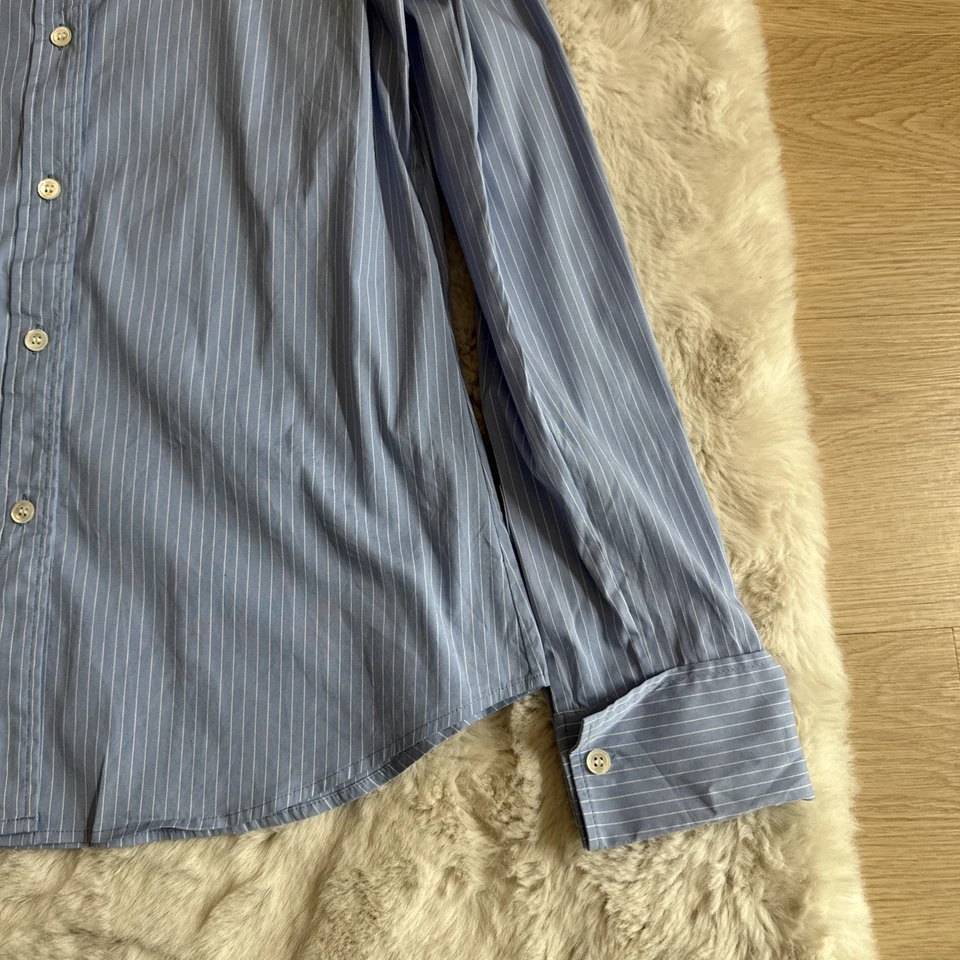 Blusa Theory para mujer blanca azul oscuro a rayas manga larga con botones talla M Foto 3 de 4