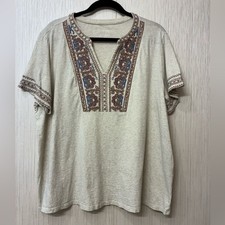 PURE JILL EMBROIDERED TEE OATMEAL Split Neck 100 Cotton Short Sleeve XL