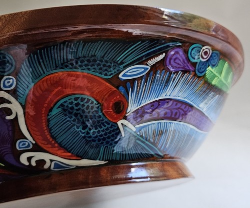 Nuevo Vallarta Mexican Folk Art Peacock Bird Hand Painted Wooden Bowl Signed 12" - Picture 10 of 17