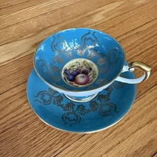 Vintage AYNSLEY Turquoise Pedestal Tea Cup & Saucer Orchard Fruit Gold Gilt