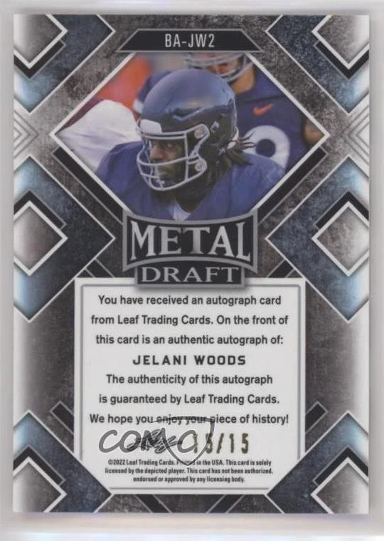 2022 Leaf Metal Draft Black Prismatic /15 Jelani Woods #BA-JW2 Rookie Auto RC - Image 2 of 2