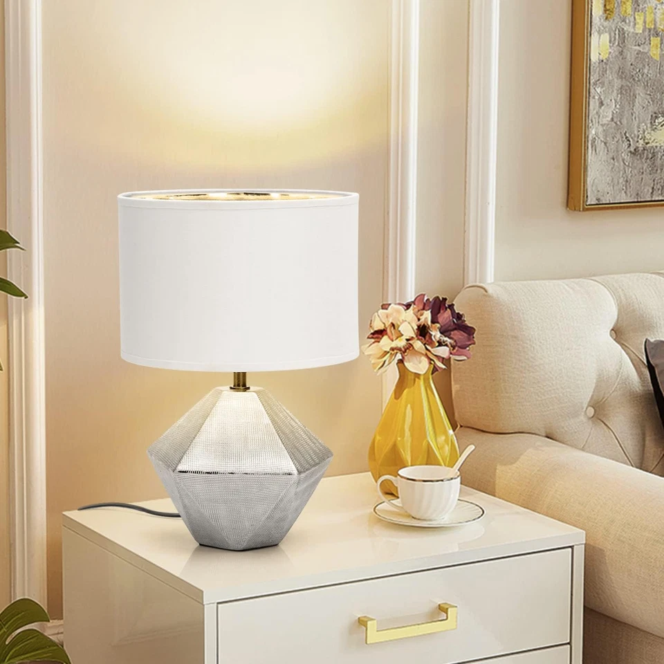 Lampada Da Comodino, Moderna Lampada Da Tavolo Base in Ceramica Paralume in Stof - Immagine 2 di 4