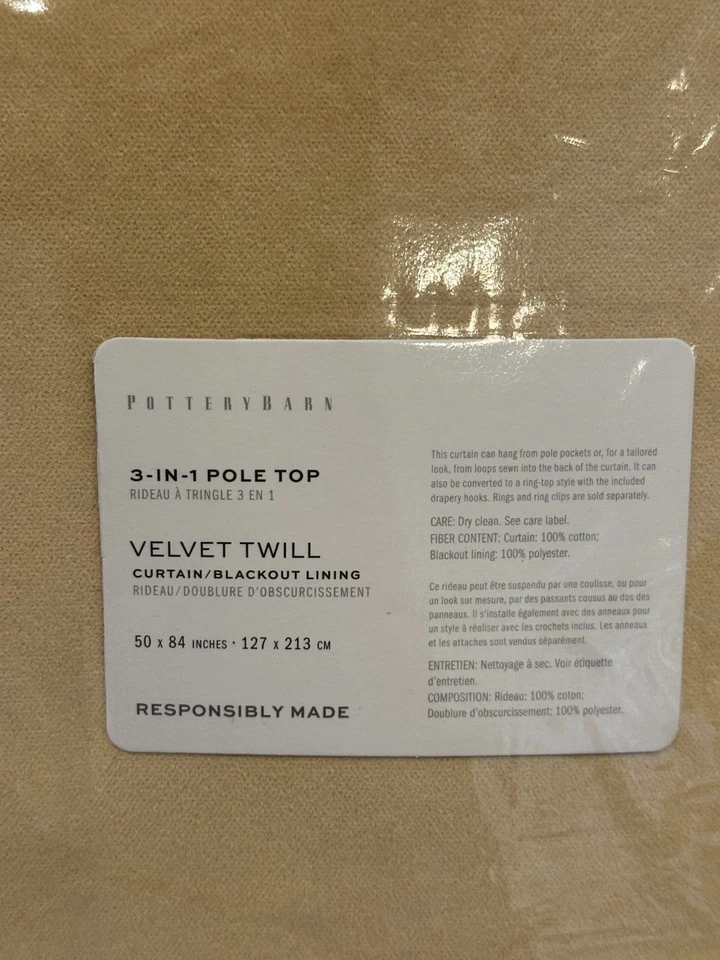 Pottery Barn VELVET TWILL GOLD 50x84" S/2 Curtains BLACKOUT 3 In 1 Pole Top NEW - Image 4 of 4