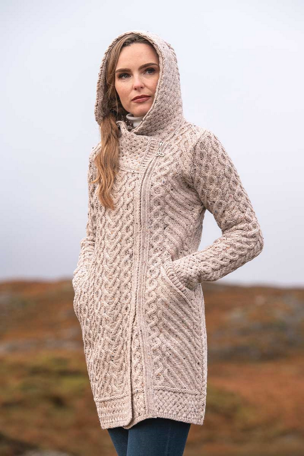 Aran Crafts Women's Claddagh Side Zip Coat - Oatmeal (HD4918)