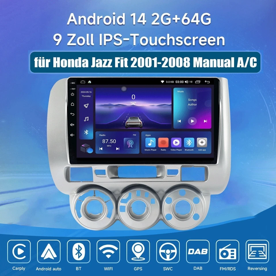 64G Android 14 Autoradio Carplay GPS Navi DAB+ Kamera für Honda Jazz Fit 2001-08 - Bild 2 von 4