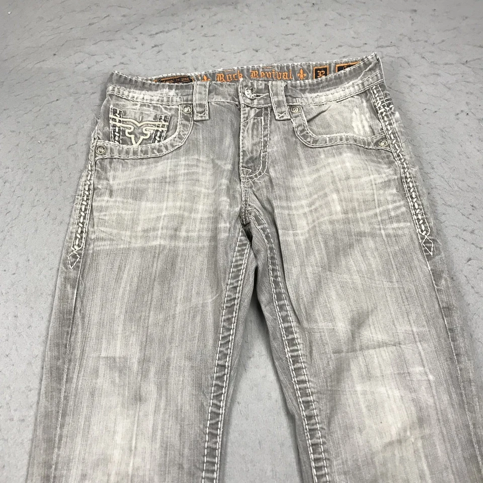 Pantalones de mezclilla Rock Revival para hombre 32x31 gris Gary rectos bordados desgastados Foto 2 de 4
