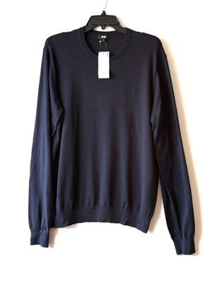 NWT UNIQLO Mens 85% Cotton 15% Nylon Crew Neck Long Sleeve Blue Sweater LARGE