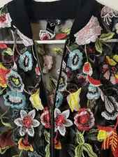 Windsor Black Embroidered Floral Sheer Zip Jacket Romantic No SZ Tag Chest 36 in