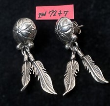 Vintage Native Southwest Sterling Silver Concho Feather Pierced Earrings  IN7247
