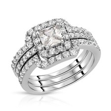 Sterling Silver 925 Engagement CZ Ring Women's Bridal Trio Set Elegant Ring R02