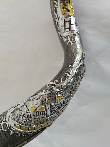 Shofar Yemenite Kudu Horn 38''+ With Sterling Silver Plated +3D Jerusalem Curved - Picture 6 of 13