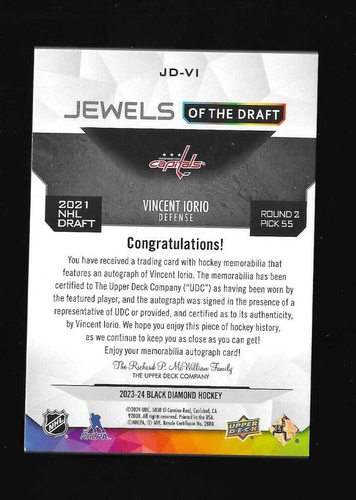 VINCENT IORIO 2023-24 BLACK DIAMOND ROOKIE rc JEWELS OF THE DRAFT PATCH AUTO /99 - Picture 2 of 2