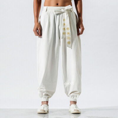 Chinese Kung Fu Men Pants Tai Chi Trouser Training Wushu Art Lace Up Harem Loose