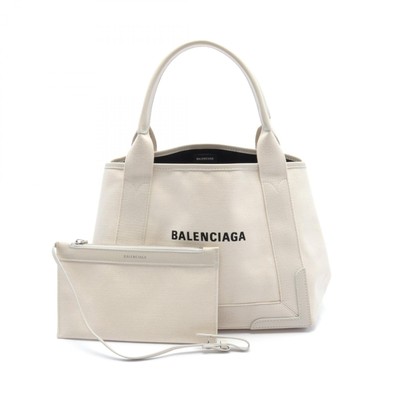 BALENCIAGA NAVY CABAS S Tote Bag canvas leather White Used Women 
