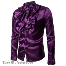 Men Faux Silk Satin Ruffle Shirt Long Sleeve Fancy Victorian Retro Coat Blouse