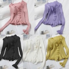 Top Tricoté Femme V-cou à Manches Longues Volants Slim Doux Décontracté