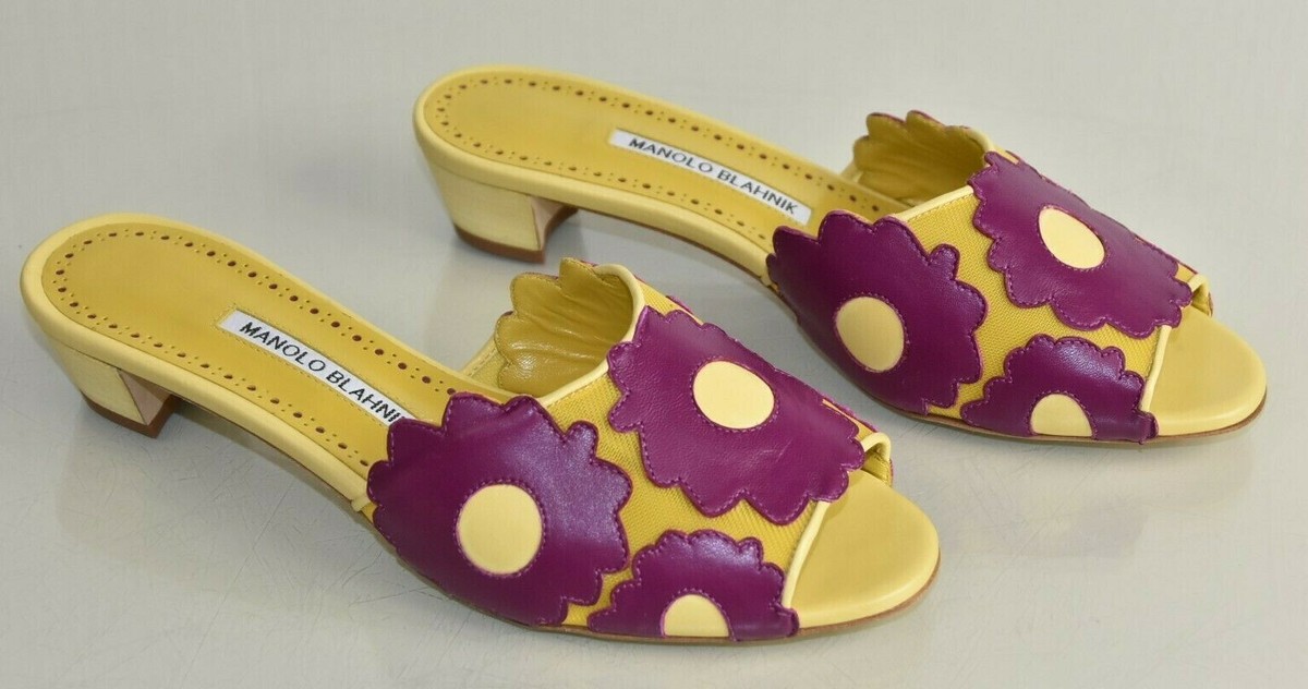 NEW Manolo Blahnik Mesh Mules Plum Yellow Flowers Shoes 37.5 38