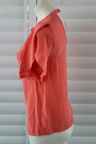 🇳🇴 SIZE XS COUNTRY ROAD ORANGE RUFFLE SHOULDERS KEYHOLE BACK SILK BLOUSE - Picture 2 of 6