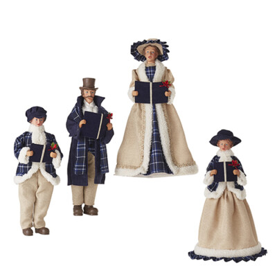 RAZ Import 18'' Carolers Set/4 Blue Cozy Tan Cream Plaid Christmas NEW 4222103